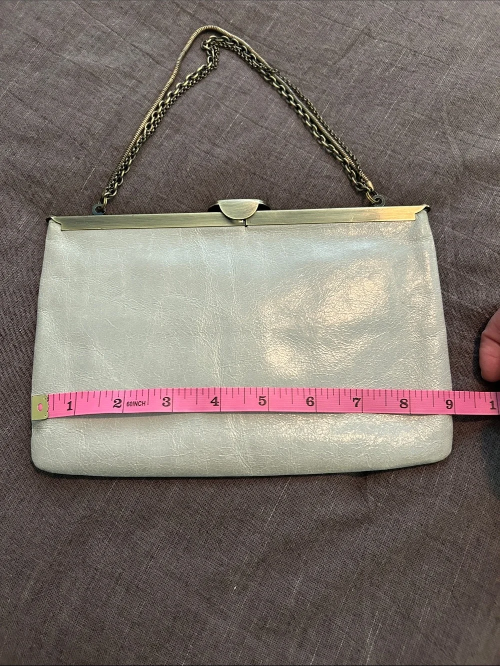HOBO Pale Gray Leather Frame Clutch with Brass Chain - Picture 2 of 9